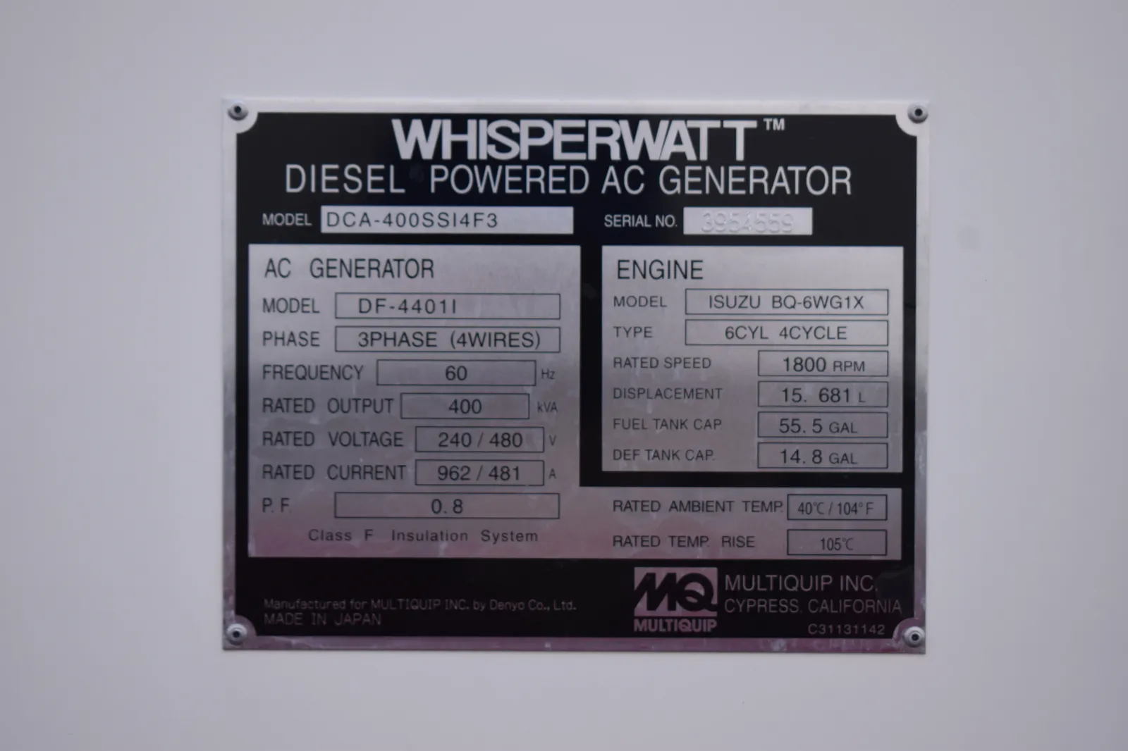 6 320kw multiquip industrial generator unit 090470 data tag