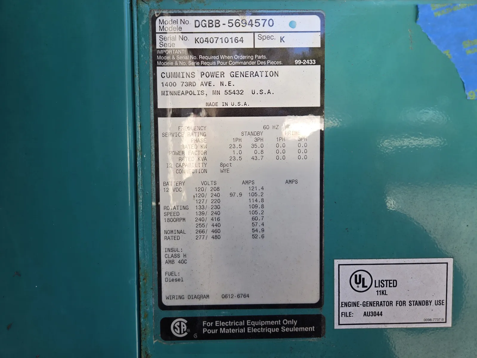 6 35kw cummins industrial generator unit 091328 data tag