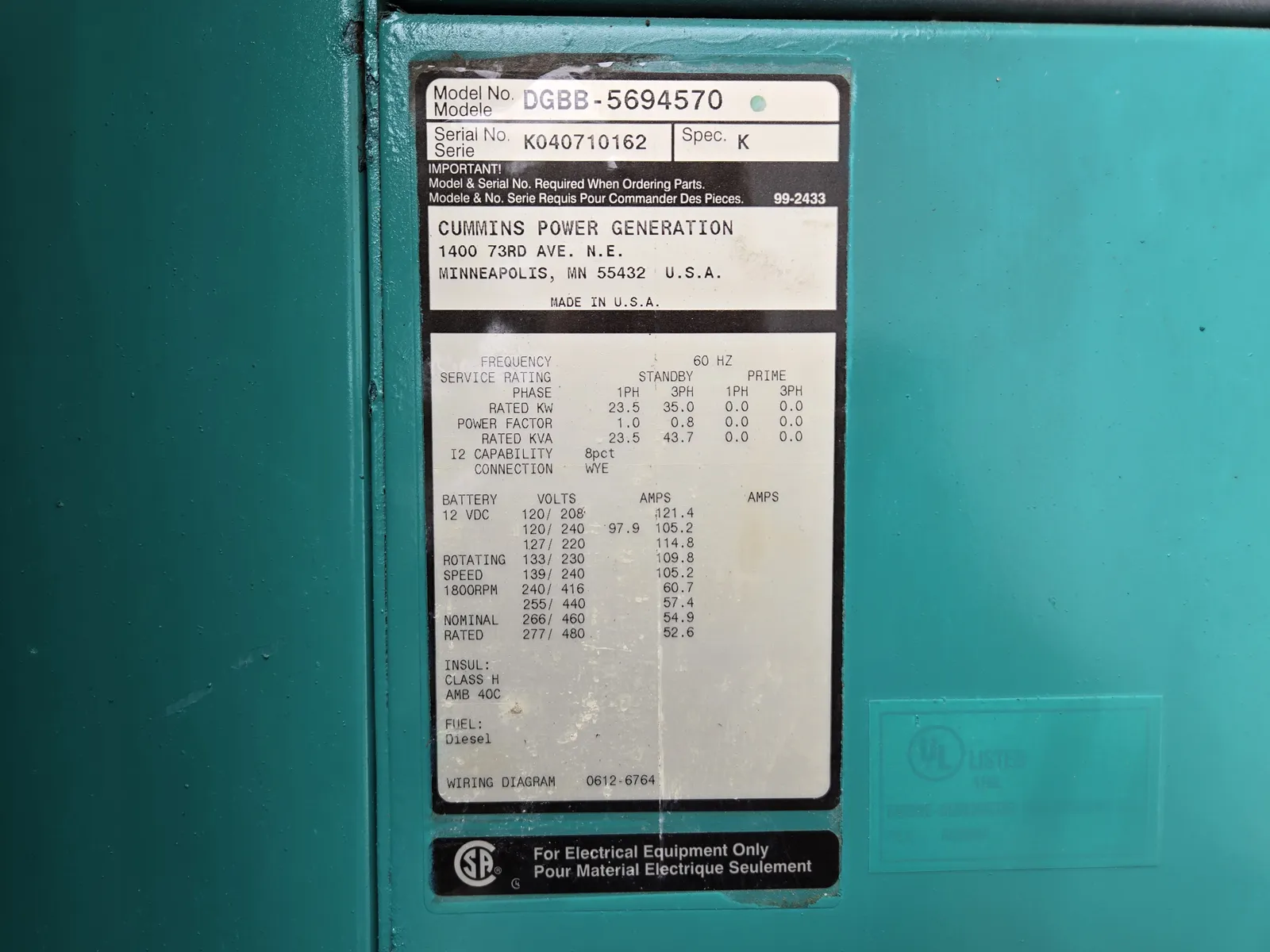 6 35kw cummins industrial generator unit 091472 data tag