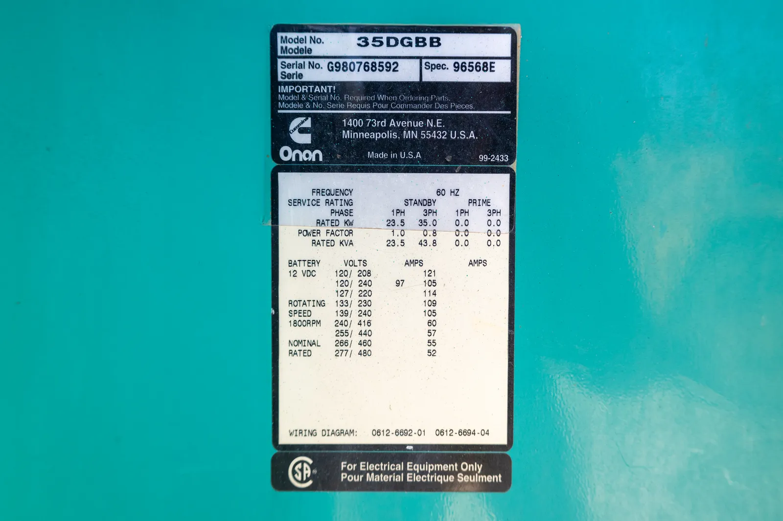6 35kw cummins industrial generator unit 092076 data tag