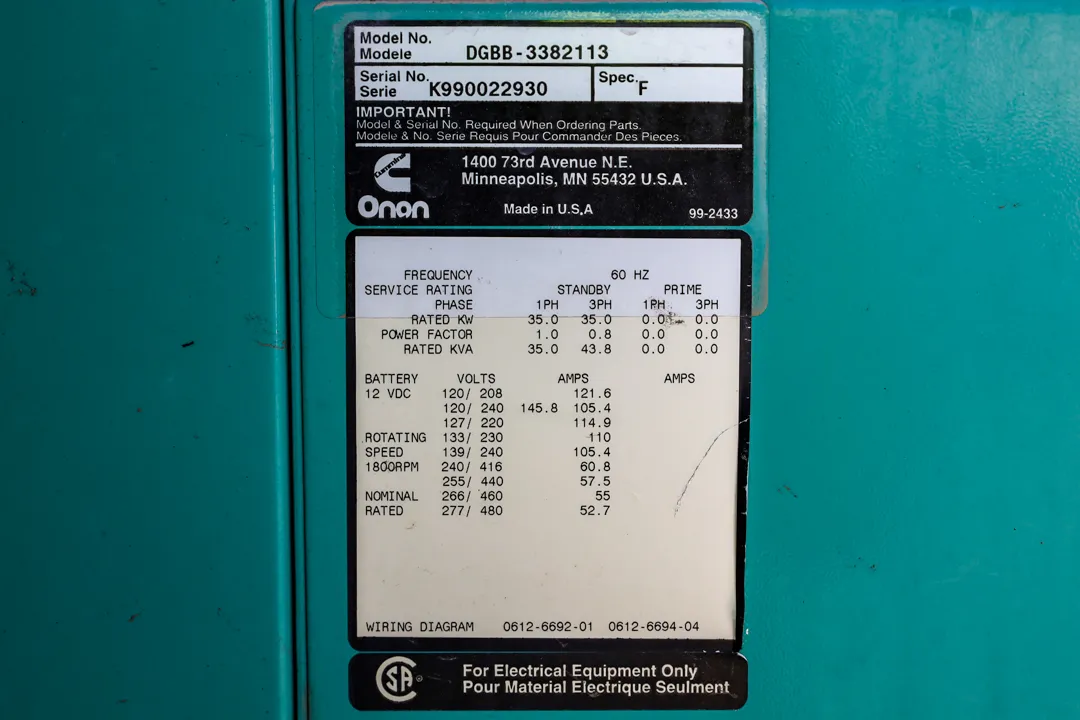 6 35kw cummins industrial generator unit 092205 data tag