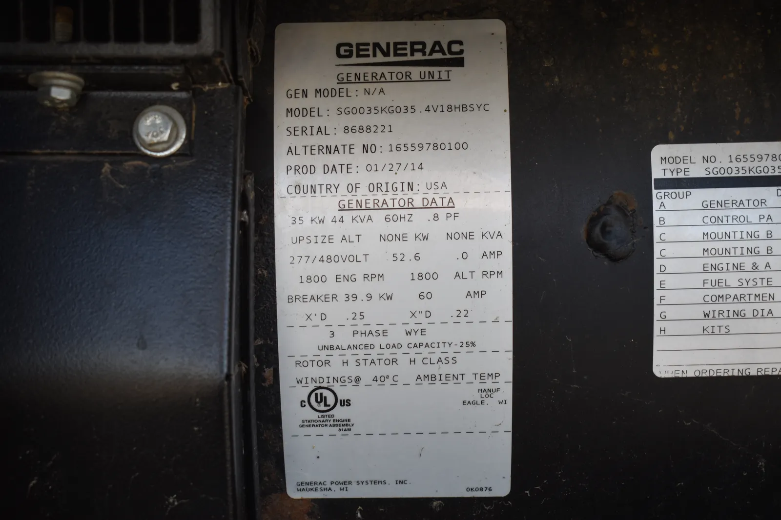 6 35kw generac industrial generator unit 089020 data tag