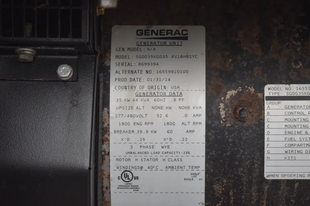 6 35kw generac industrial generator unit 089024 data tag