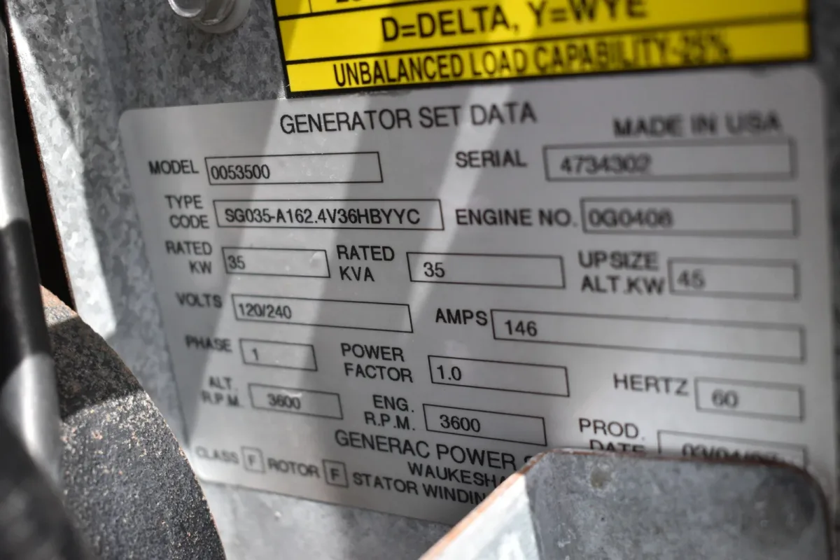6 35kw generac industrial generator unit 089175 data tag