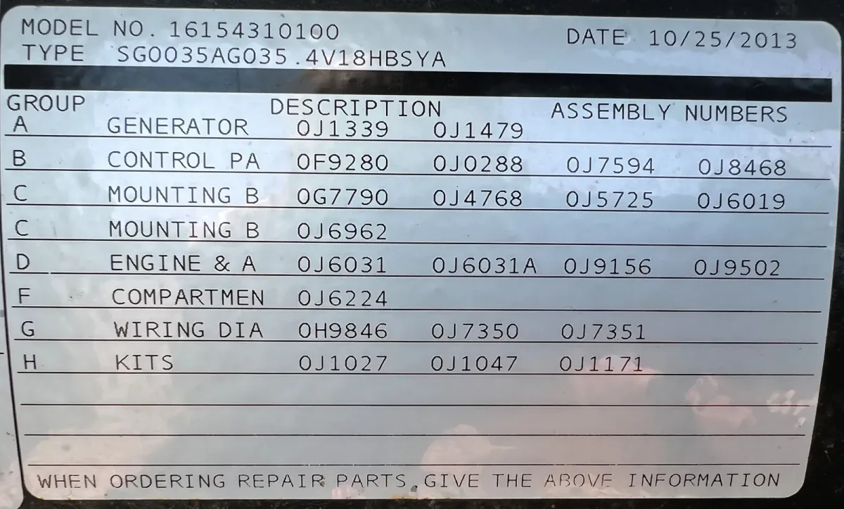 6 35kw generac industrial generator unit 089455 data tag
