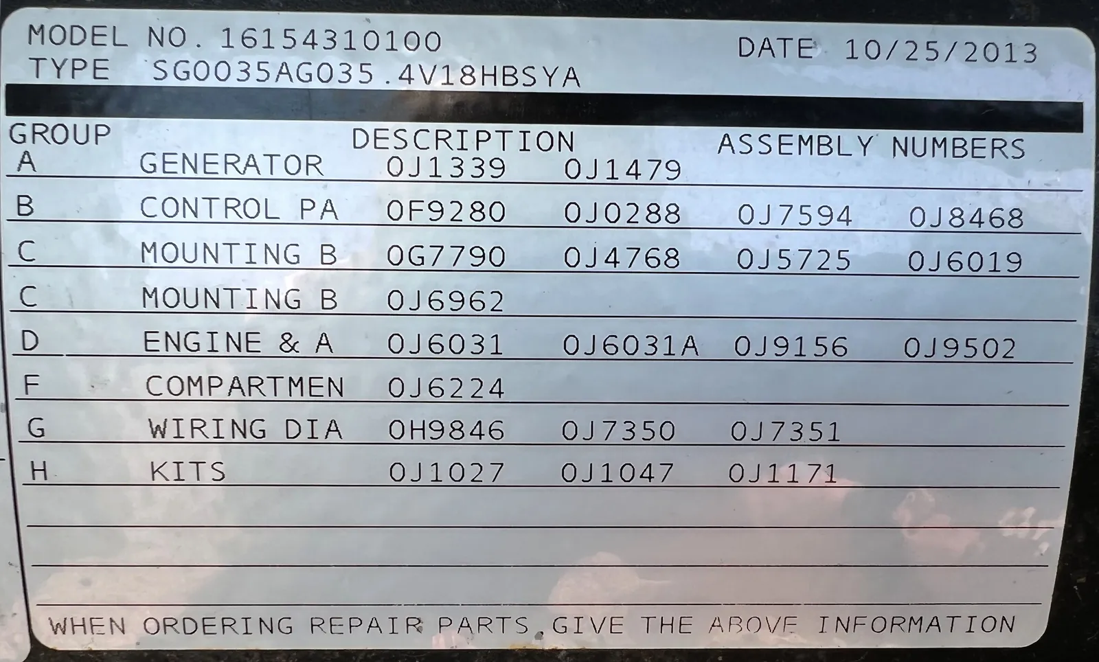 6 35kw generac industrial generator unit 089455 data tag