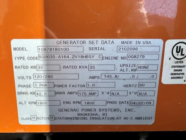6 35kw generac industrial generator unit 089748 data tag