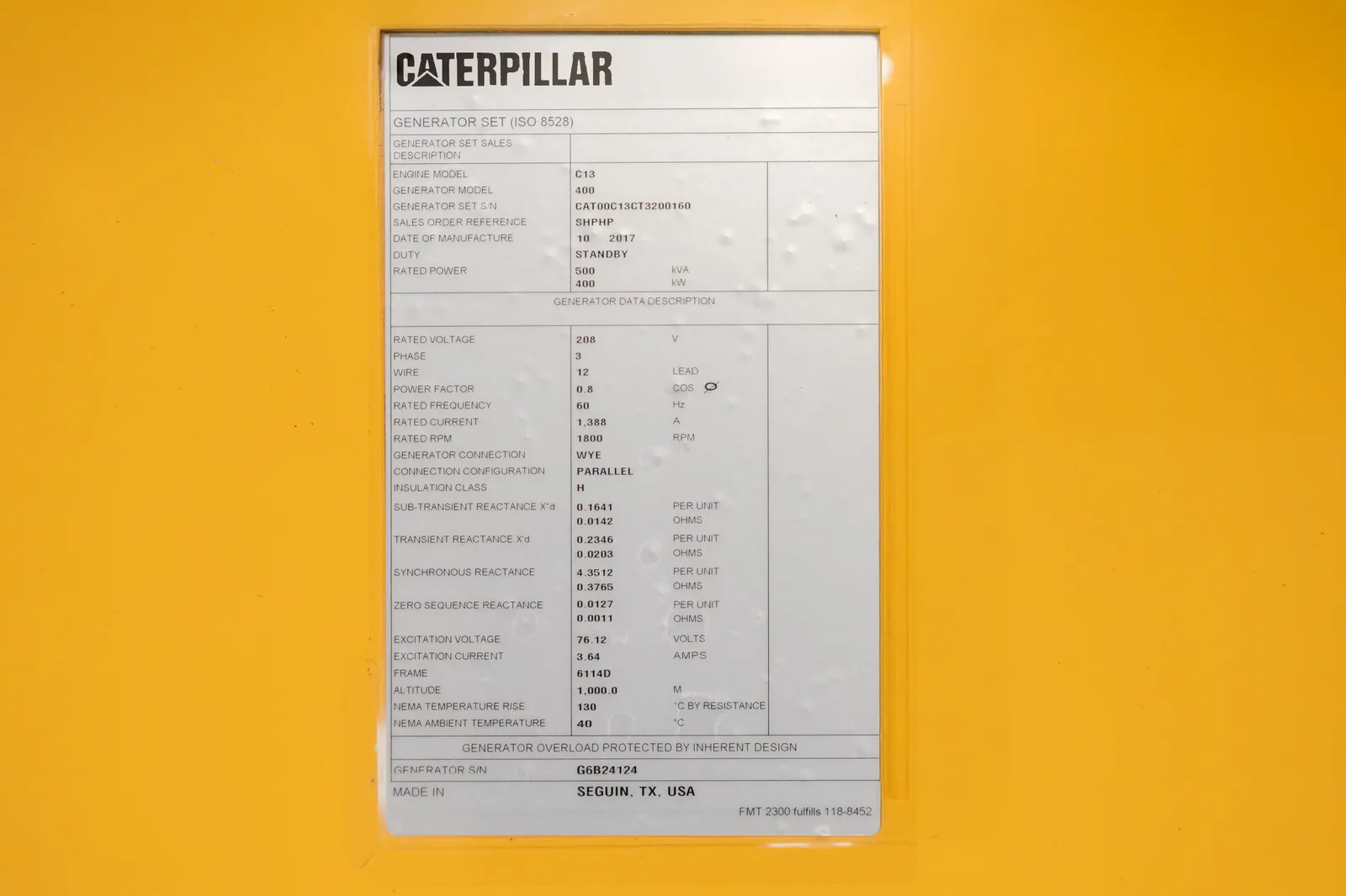 6 400kw caterpillar industrial generator unit 091069 data tag