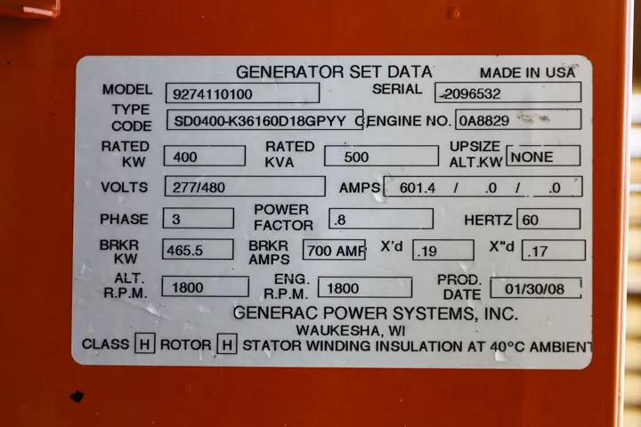 6 400kw generac industrial generator unit 091567 data tag