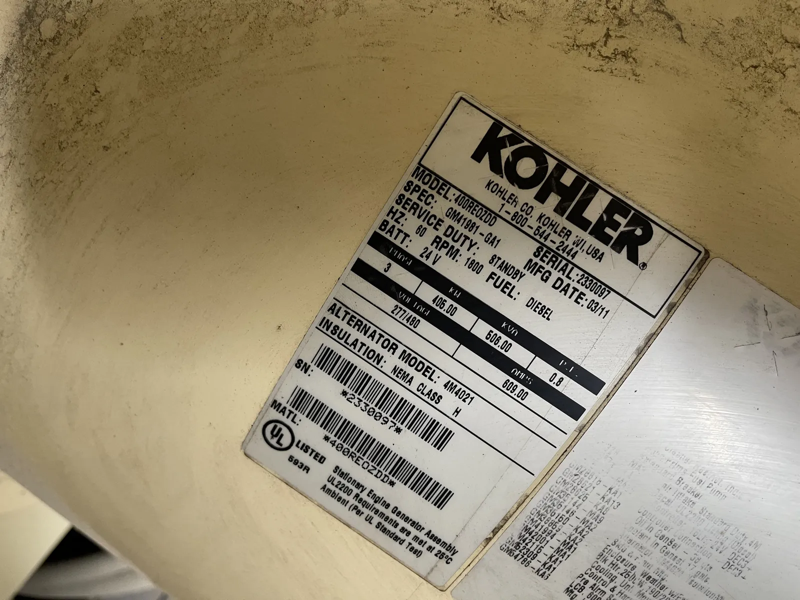6 400kw kohler industrial generator unit 090336 data tag
