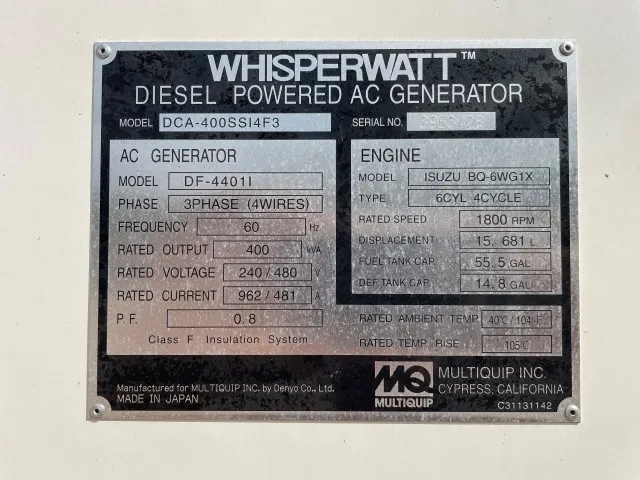 6 400kw mq industrial generator unit 089981 data tag