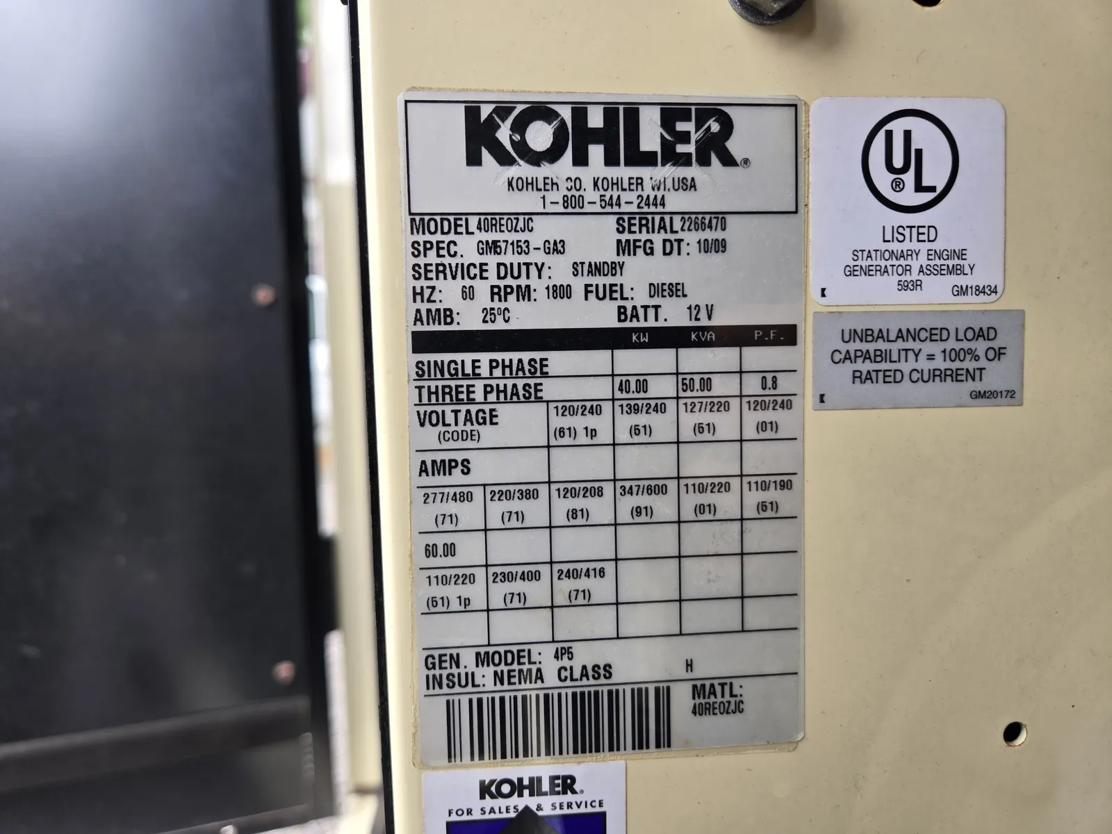 6 40kw kohler industrial generator unit 092264 data tag