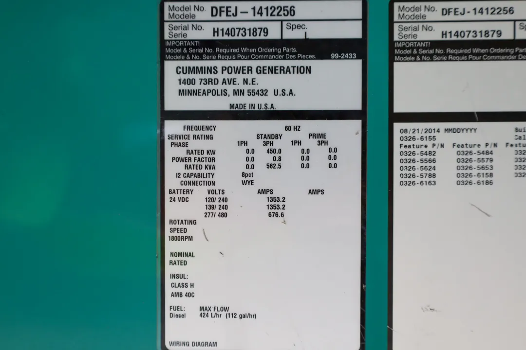 6 450kw cummins industrial generator unit 092302 data tag