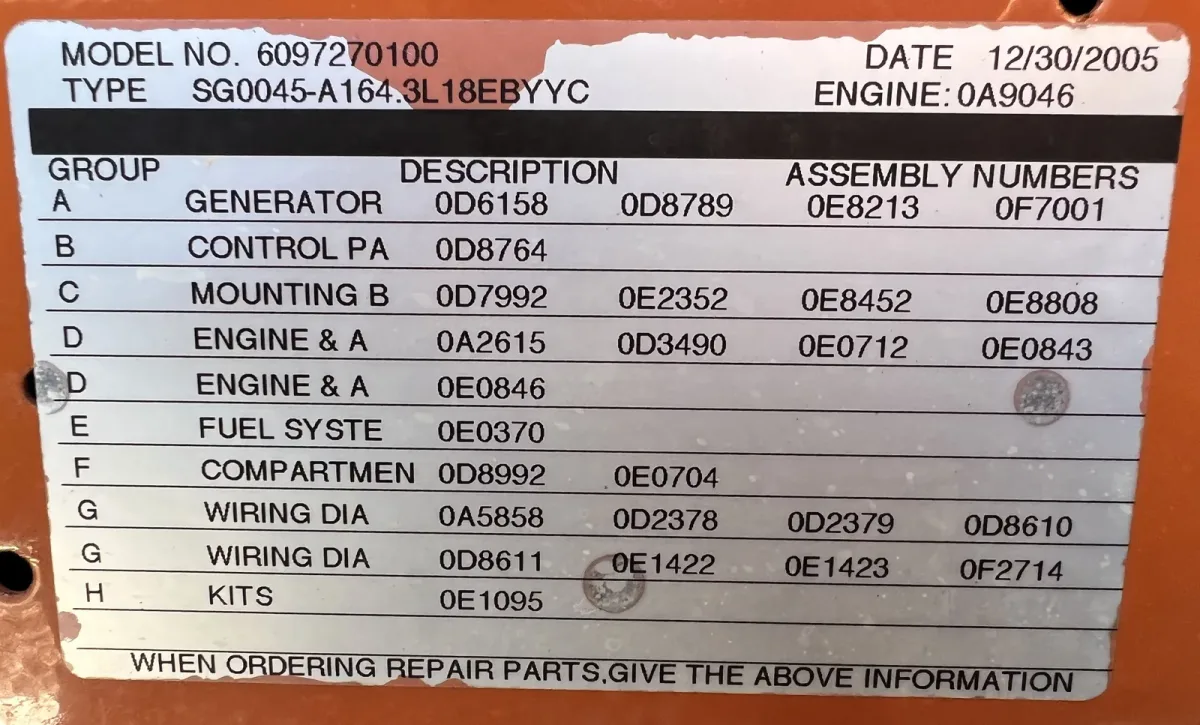 6 45kw generac industrial generator unit 089453 data tag