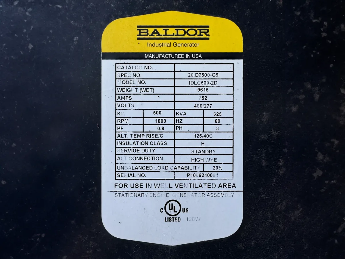6 500kw baldor industrial generator unit 091263 data tag