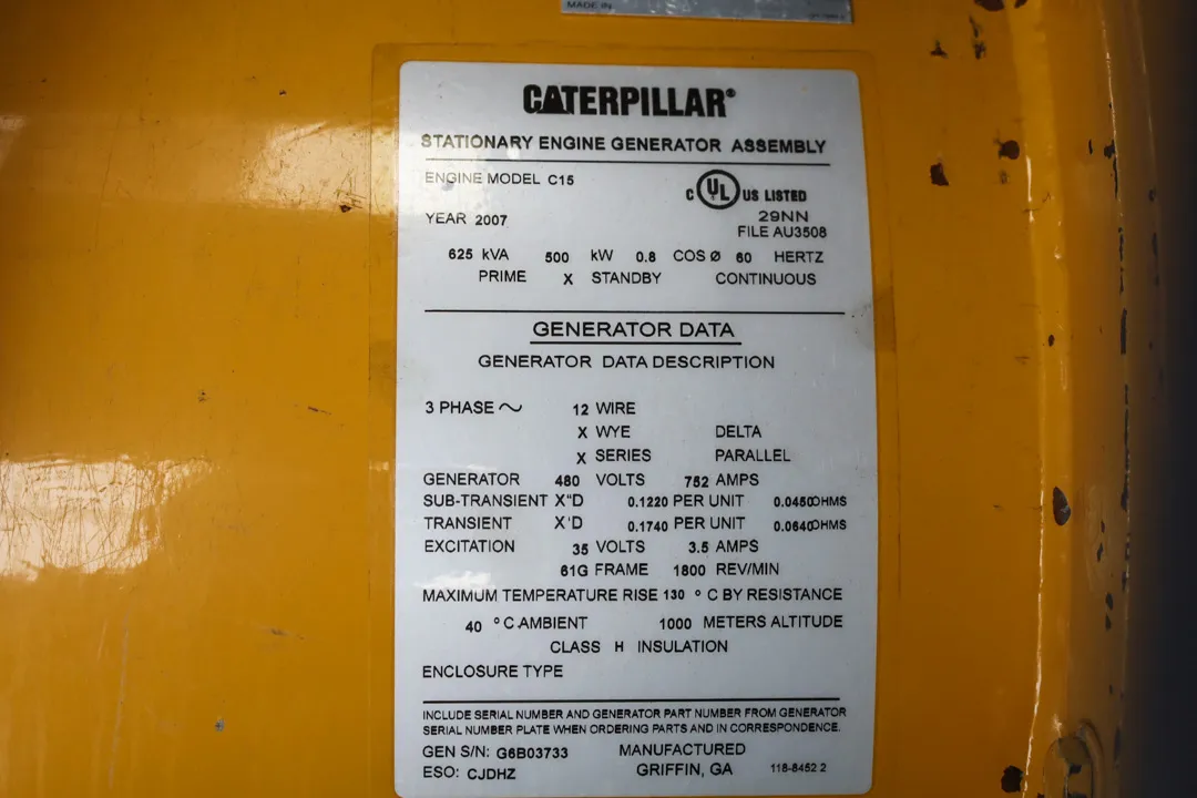 6 500kw caterpillar industrial generator unit 091950 data tag
