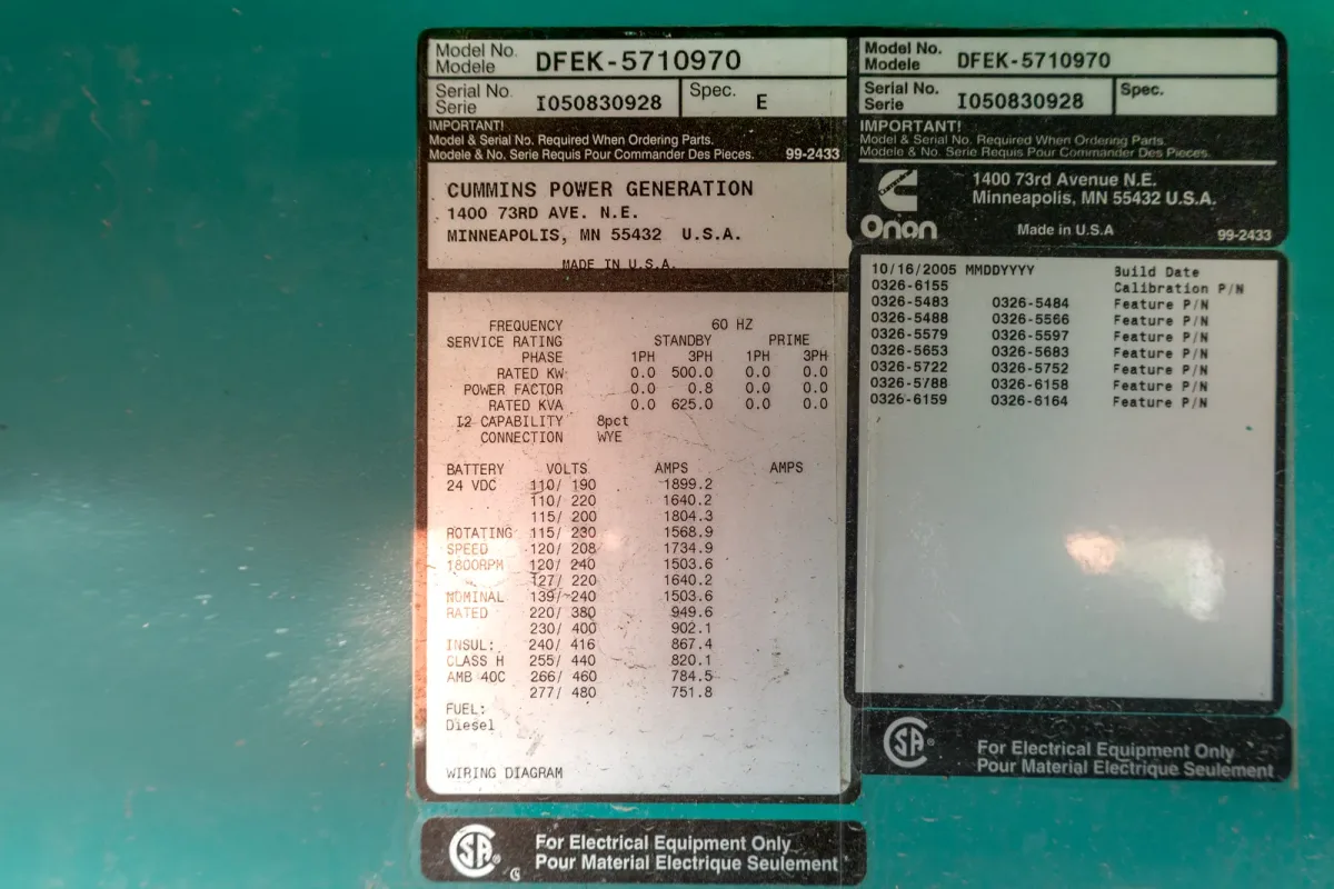 6 500kw cummins industrial generator unit 091999 data tag