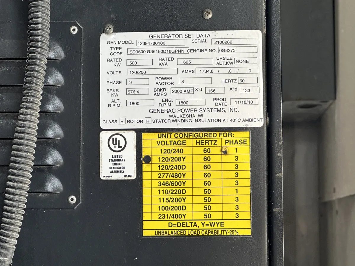 6 500kw generac industrial generator unit 089854 data tag