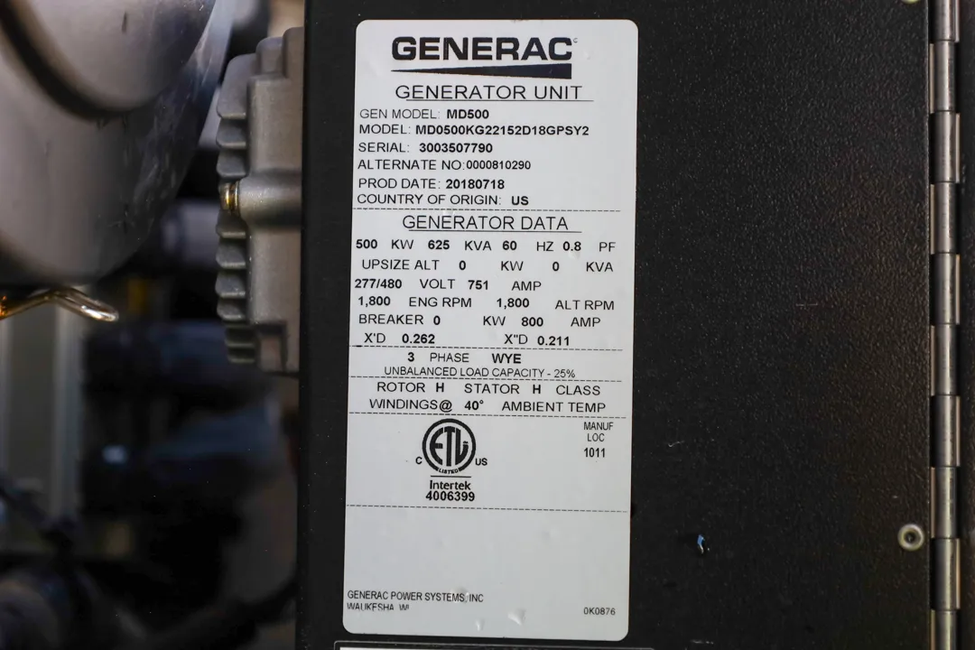 6 500kw generac industrial generator unit 092163 data tag