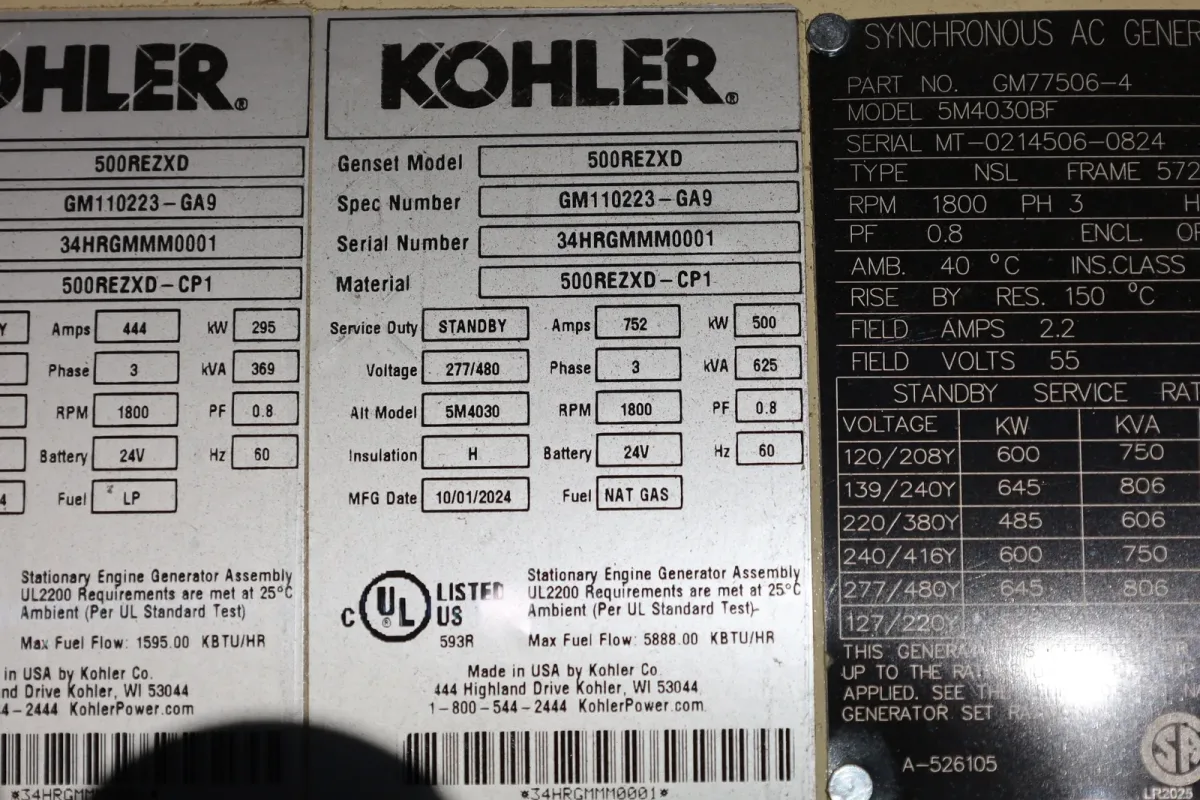 6 500kw kohler industrial generator unit 090300 data tag