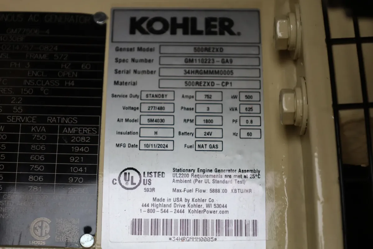 6 500kw kohler industrial generator unit 090303 data tag