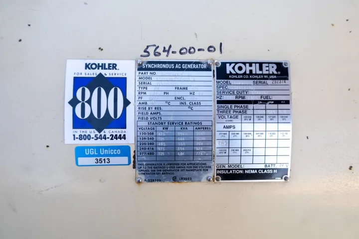 6 500kw kohler industrial generator unit 090477 data tag