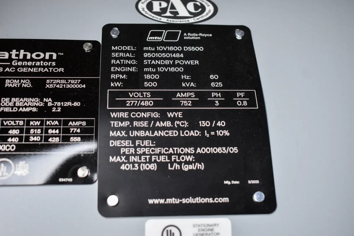 6 500kw mtu industrial generator unit 071413 data tag