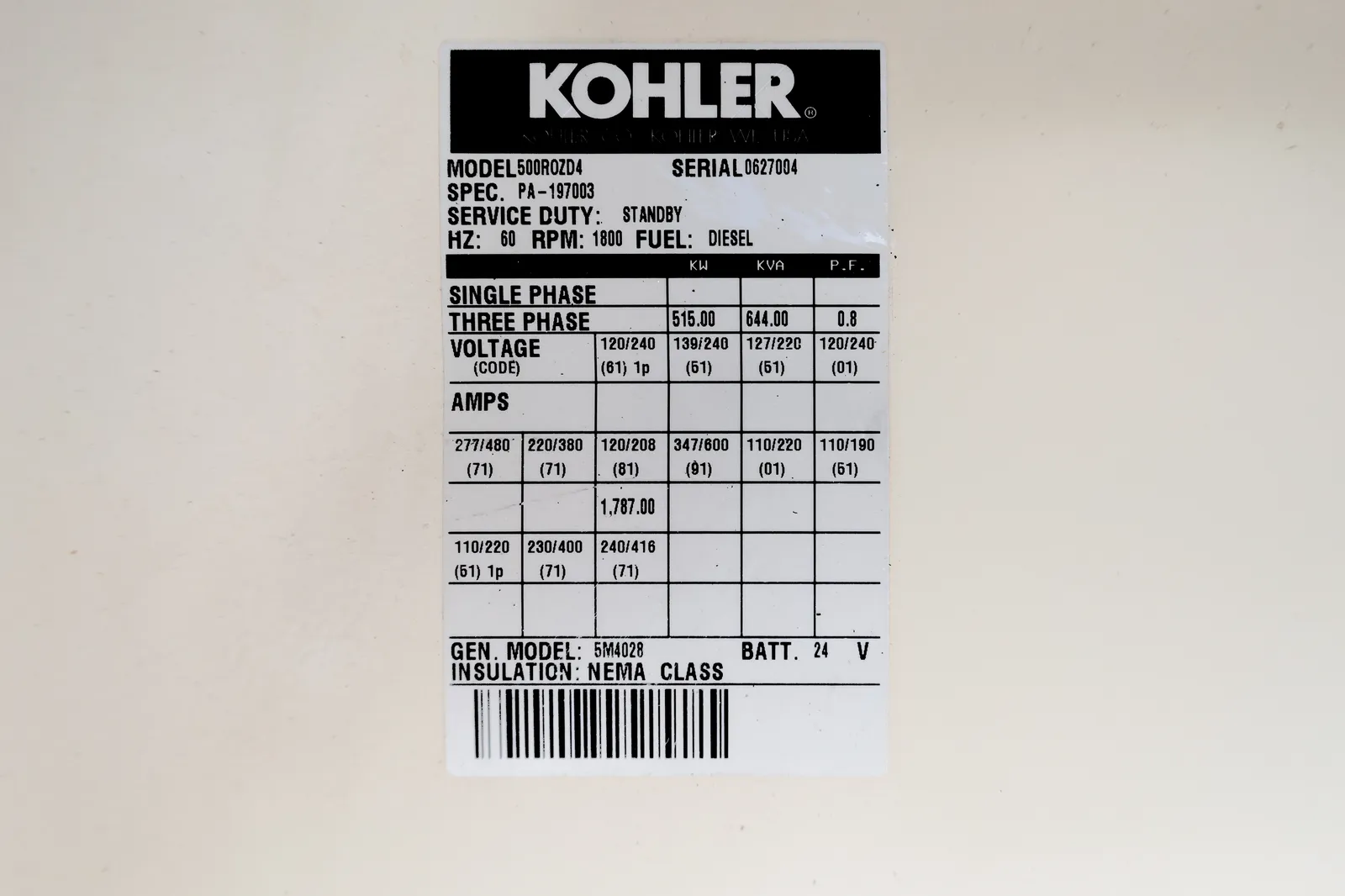 6 515kw kohler industrial generator unit 091385 data tag