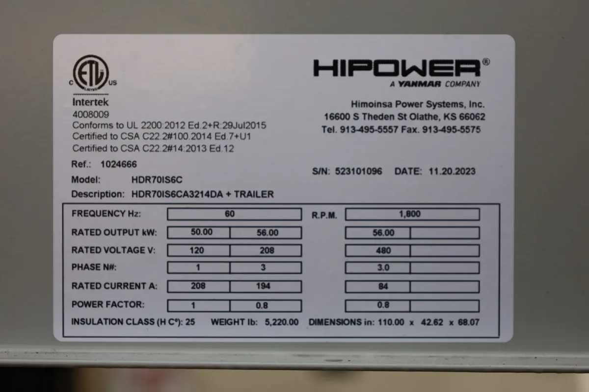 6 56kw hipower industrial generator unit 090059 data tag