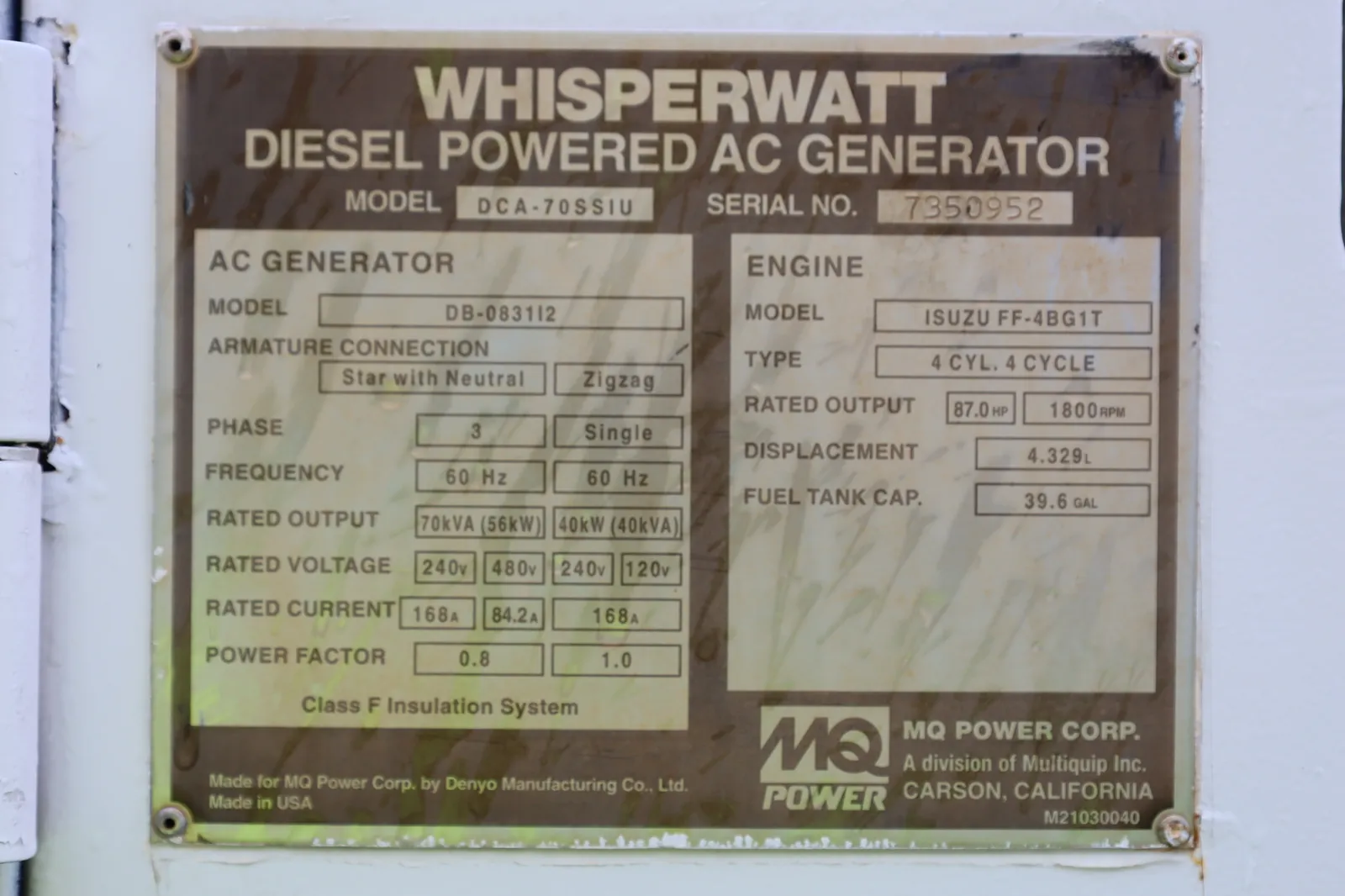 6 56kw mq industrial generator unit 092279 data tag
