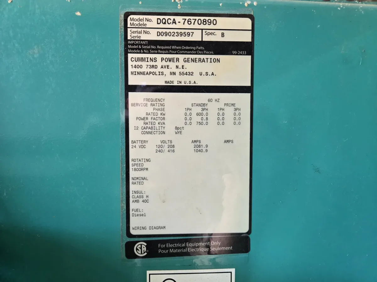 6 600kw cummins industrial generator unit 092096 data tag
