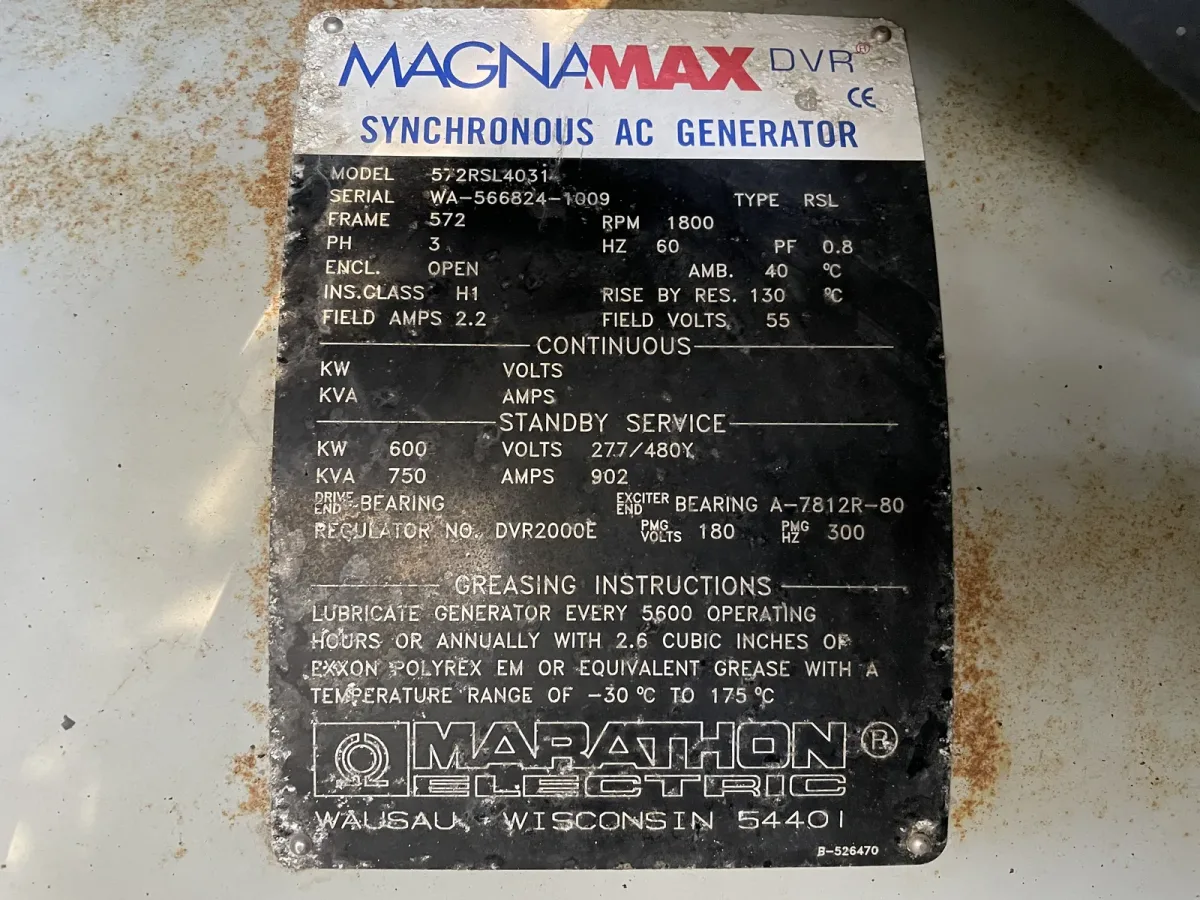 6 600kw generac industrial generator unit 088907 data tag