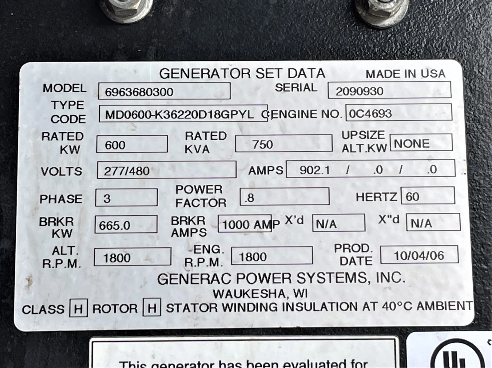 6 600kw generac industrial generator unit 089254 data tag