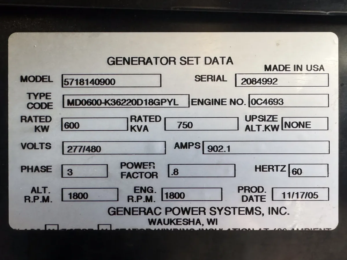 6 600kw generac industrial generator unit 091242 data tag
