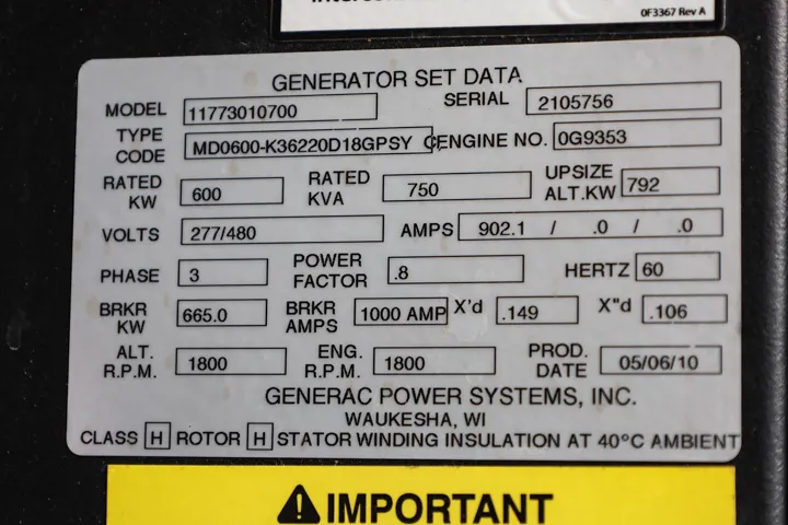 6 600kw generac industrial generator unit 091375 data tag