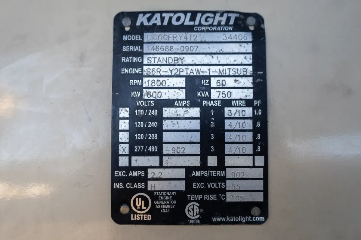 6 600kw katolight industrial generator unit 092018 data tag