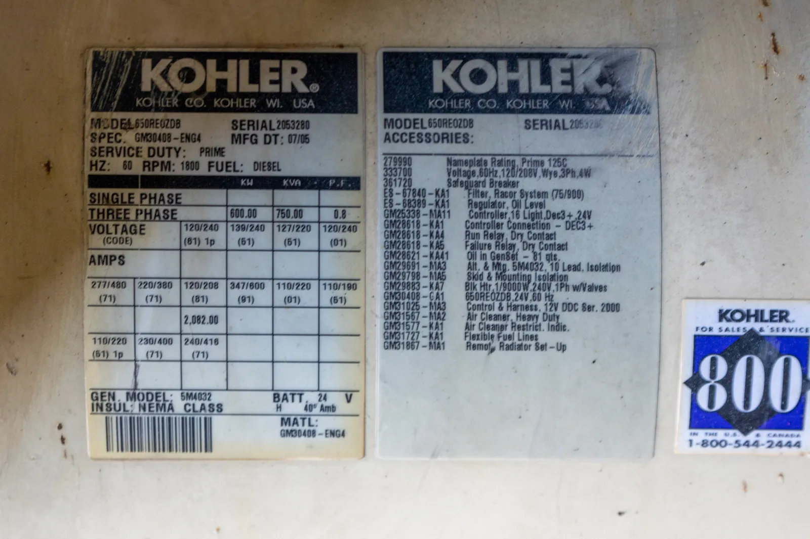 6 600kw kohler industrial generator unit 090497 data tag
