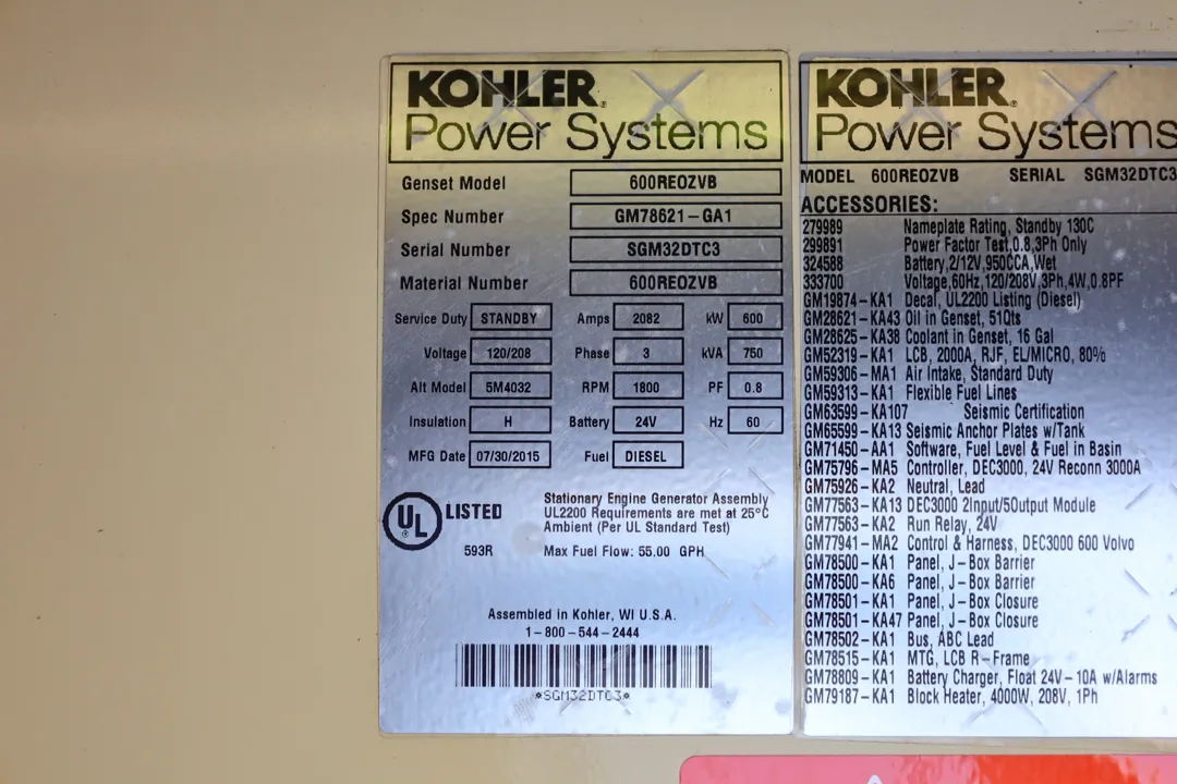 6 600kw kohler industrial generator unit 092298 data tag
