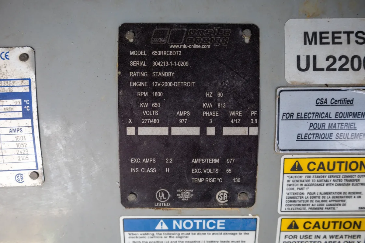 6 650kw mtu industrial generator unit 091419 data tag
