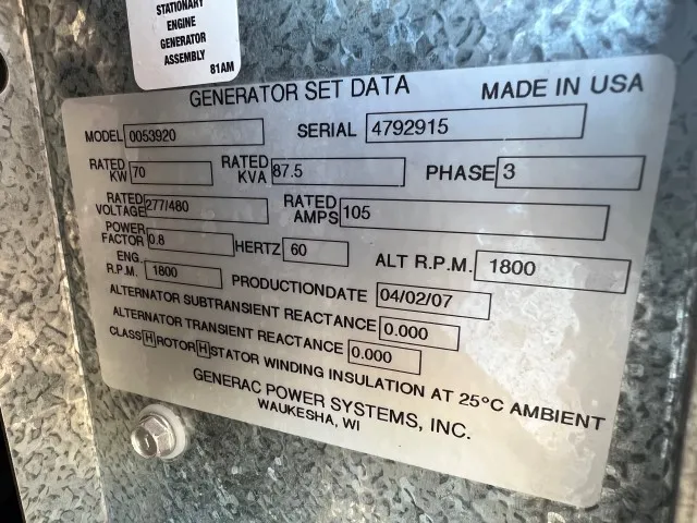 6 70kw generac industrial generator unit 089828 data tag