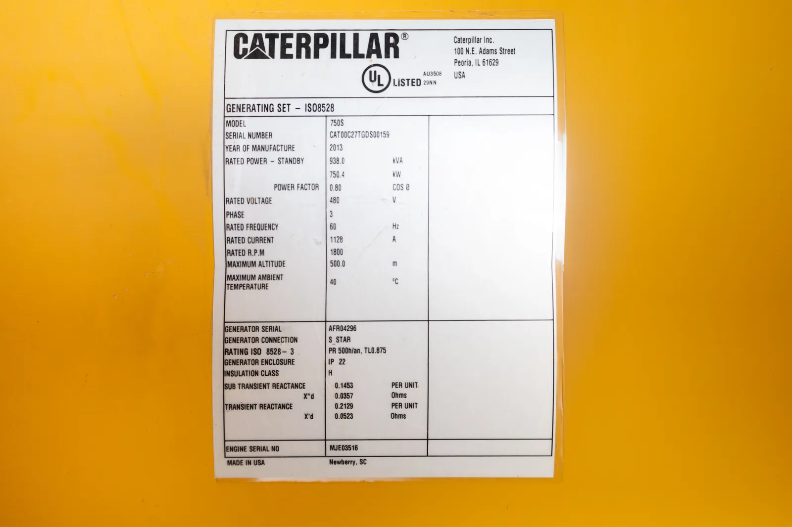 6 750kw caterpillar industrial generator unit 091550 data tag