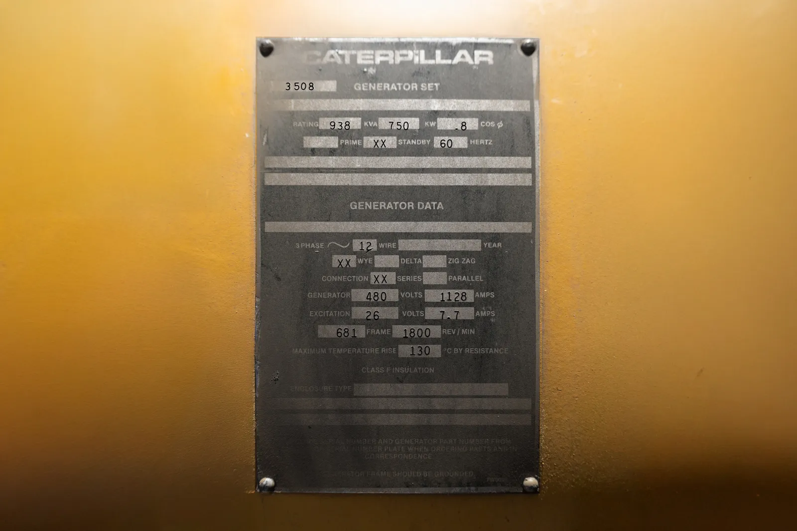 6 750kw caterpillar industrial generator unit 092148 data tag