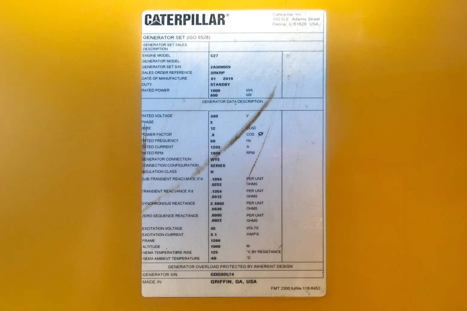 6 800kw caterpillar industrial generator unit 092149 data tag