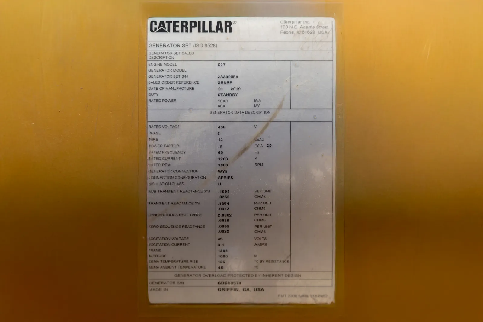 6 800kw caterpillar industrial generator unit 092150 data tag