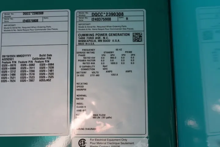 6 800kw cummins industrial generator unit 090353 data tag