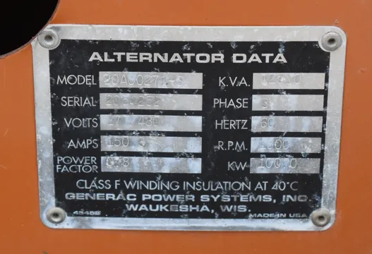 6 100kw generac industrial generator unit 092318 data tag
