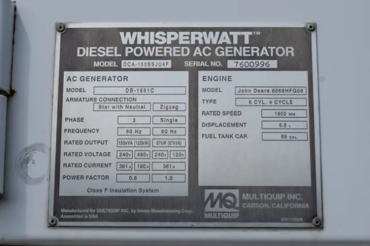 6 120kw mq industrial generator unit 090006 data tag