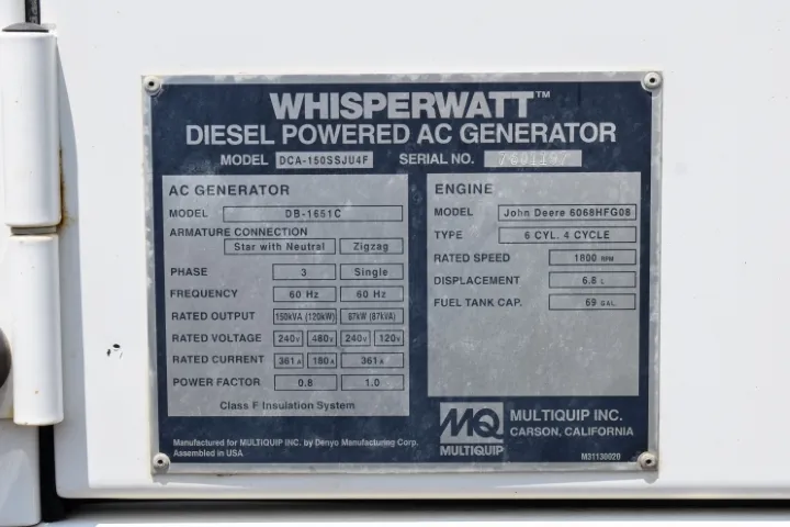 6 120kw mq industrial generator unit 090009 data tag
