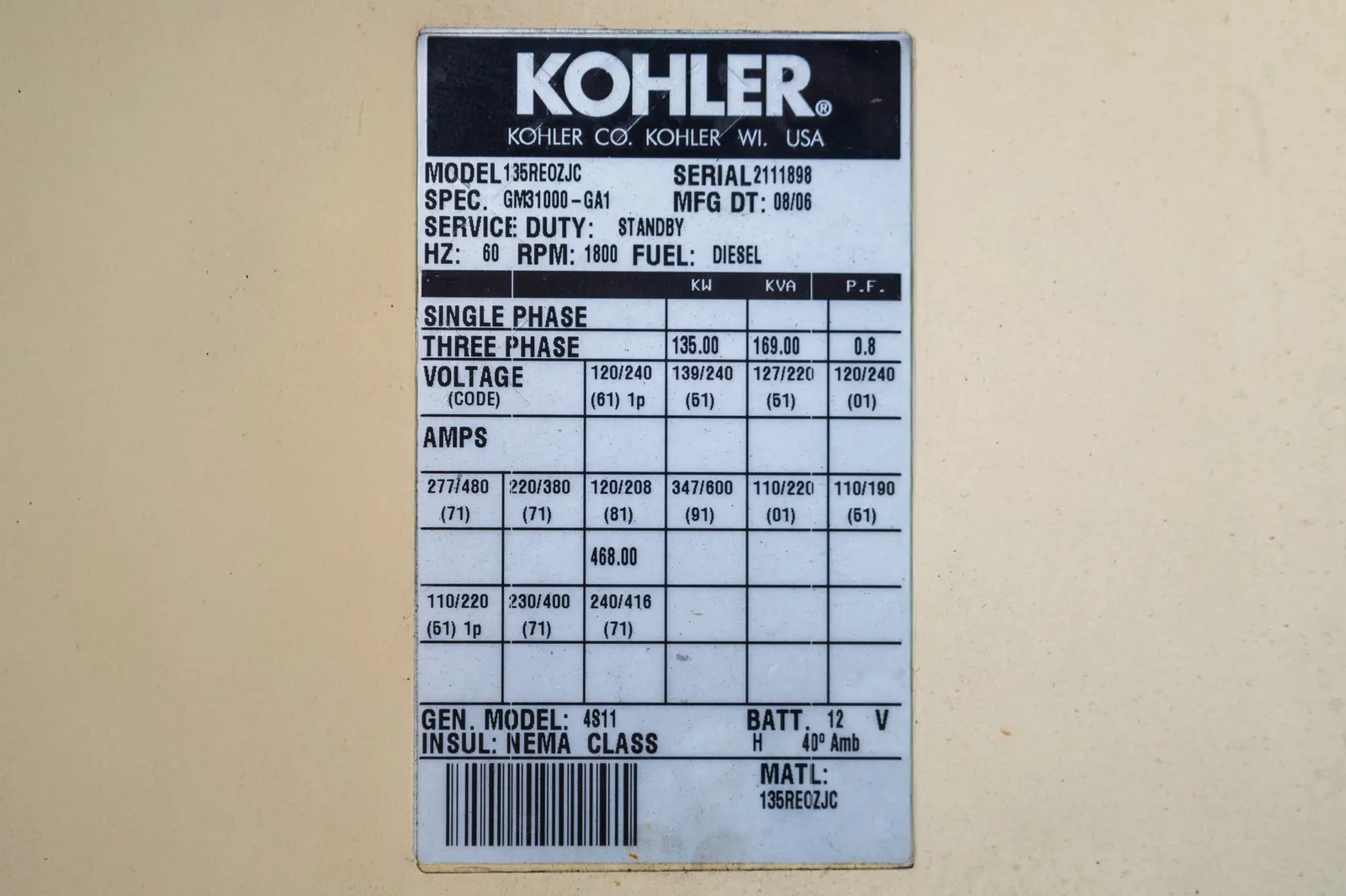 6 135kw kohler industrial generator unit 092317 data tag