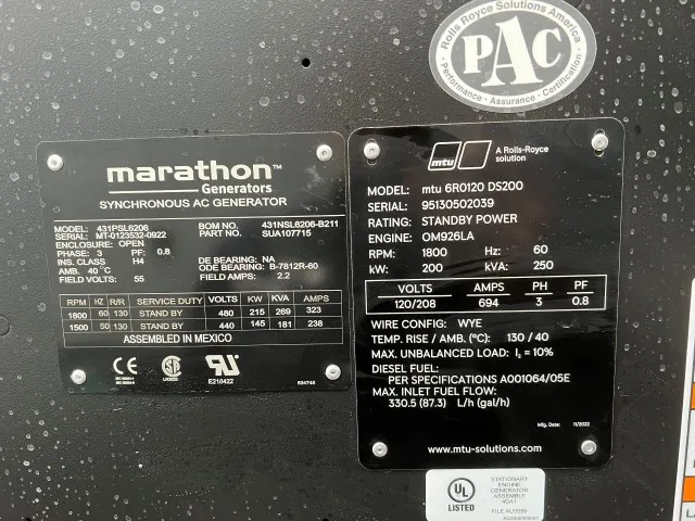 6 200kw mtu industrial generator unit 071488 data tag